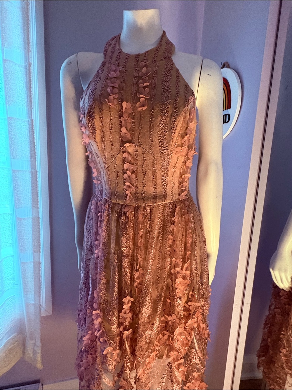 Dress the Population Rose Mauve Halter Midi Dress with 3D Floral Appliqué